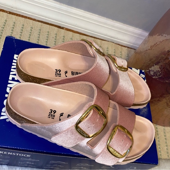 Birkenstock Pink Arizona Big Buckle Velvet Sandals - Picture 5 of 9